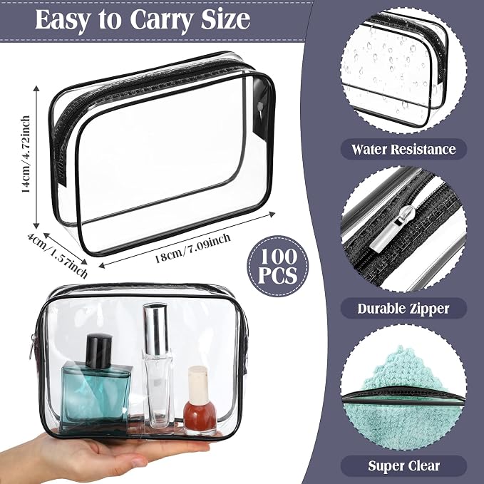 Sanwuta 100 Pcs Clear Makeup Bags Bulk Toiletry Bag for Travel Transparent Cosmetic Bag PVC Waterproof Travel Small Pouches with Zipper for Men and Women (Black) - Image 3