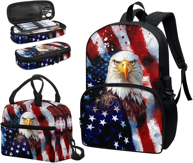 3 Pcs School Backpack for Girls Boys Blue American Flag Eagle Backpack Kids Preschool Elementary Bookbags Set With Lunch Tote Bag Pencil Case Kids School Bags Daypack 3 In 1 - Image 6