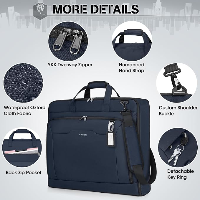 RAINSMORE Garment Bags for Travel Carry On Garment Bag for Hanging Clothes, Suit Bag for Business Trips with Shoes bag & Shoulder Strap, Waterproof Foldable Suit Luggage Bag for Men Women, Blue - Image 6