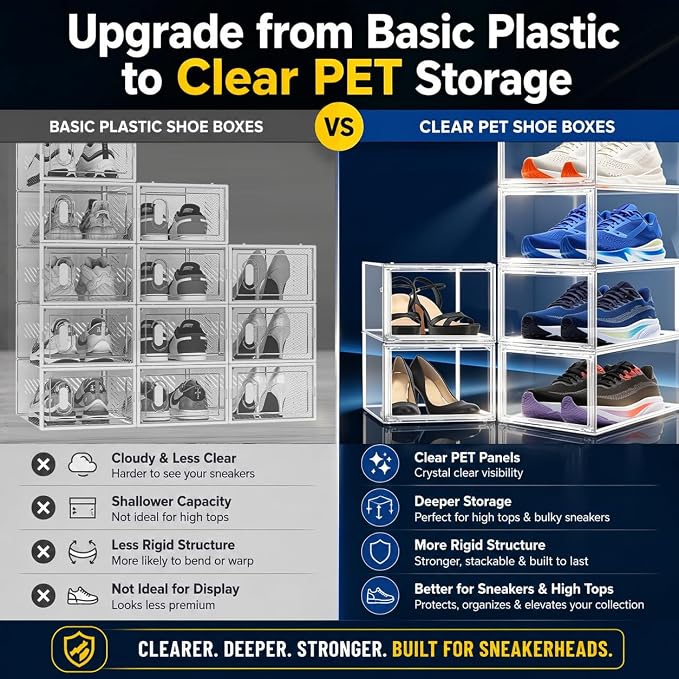 12 Pack Clear Acrylic Shoe Boxes Fit Size 12, Front Door for Small Closets | 10.2 x 13.4 x 7.5 in stackable shoe display case for apartments, dorms, entryways and compact closets. Fits up to US size 12 - Image 3