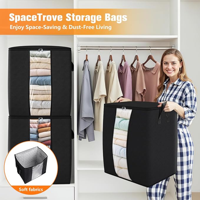 SpaceTrove Clothes Storage Bags, 6-Pack Comforter Blanket Organizers, 80L Large Capacity Containers with Visual Window for Clothing, Quilt, Sheet, Pillow, Closet Organization for Bedding (Black) - Image 6