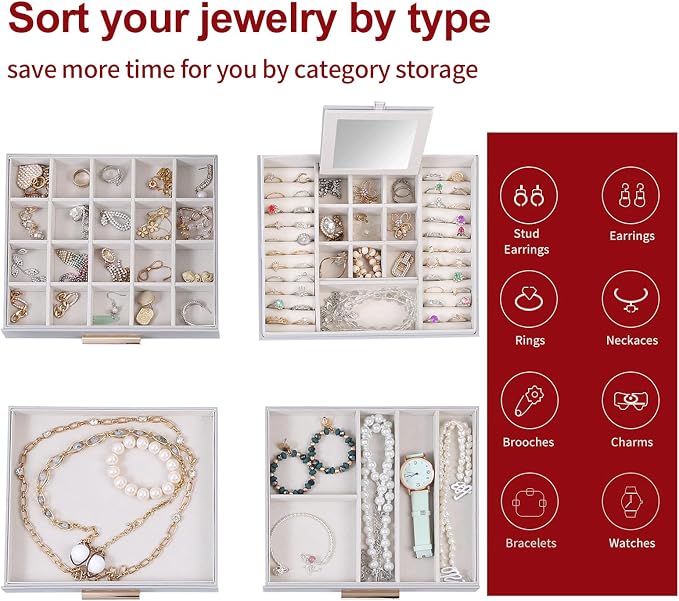 BOOVO Clear Lid Jewelry Box,3 Layers Jewelry Organizer Large Jewelry Storage Box with 2 Drawers,Jewelry Holder Organzier of Rings Earrings Necklace Bracelets for Women (Grey, 4 Layer) - Image 3