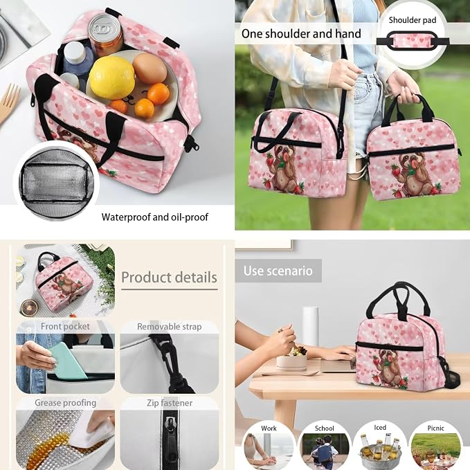 Pink Hearts Sloth Strawberry Print Girls Backpack Set, Kids Backpacks with Lunch Bag & Pencil Case, Kawaii Girls Bookbag School Bag for Elementary School - Image 3
