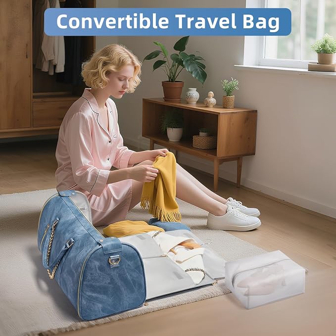 Garment Duffle Bag for Travel, Convertible 20.5×10×12.5 Inch Carry On Garment Bag for Women, Foldable Travel Bags with Shoe Compartment & Toiletry Pocket for Business Trip, Vacation, Blue - Image 8
