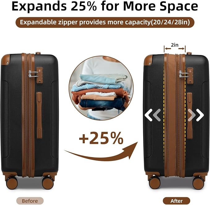 6 Piece Luggage Set Hard Shell - Black Expandable Suitcases with Spinner Wheels and Duffel Bags for Family Travel, Durable Carry On Luggage Sets with Lock for Women and Men - Image 4