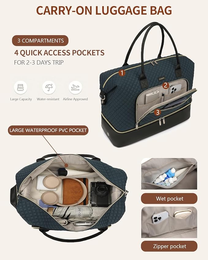 Weekender Bags for Women Travel, Under Seat Carry On Bags for Airplanes Overnight Bag with Shoe Compartment Luggage Sleeve, Foldie Travel Tote Bag Hospital Bag, Travel Gifts, PeacockBlue Black - Image 5