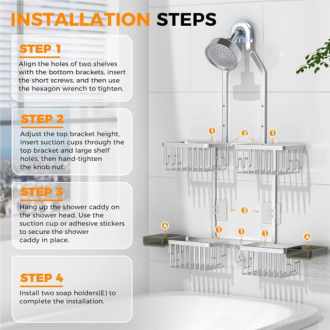 REINHARDT Aluminum Shower Caddy Hanging Adjustable Shower Caddy, Rustproof Hanging Shower Organizer with Hooks Soap Holders, Over Shower Head Caddy for Handheld Showerhead, Silver - Image 7
