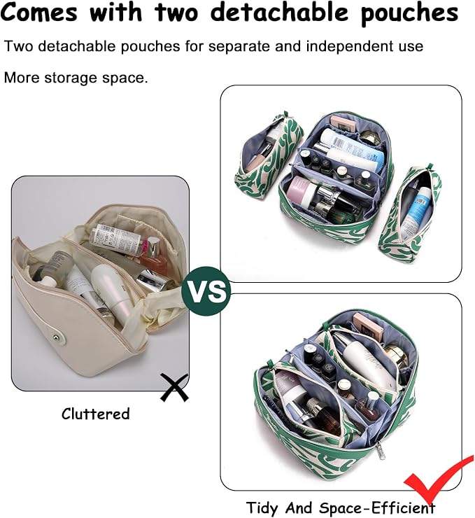 BOYATU Travel Makeup Bag for Women: Large Capacity 3-Piece Cosmetic & Toiletry Organizer - Expands Storage by 50% with 2 Detachable Pouches,Opens Flat for Easy Packing,Waterproof PU Leather(Green) - Image 5
