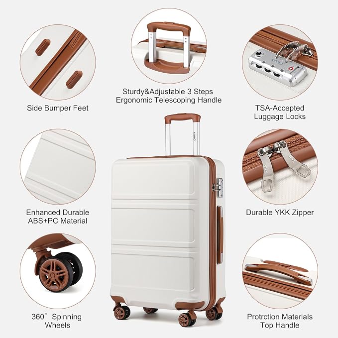 Kono Suitcase Set 3 Piece Luggage Set Expandable with Spinner Wheels | Lightweight PC+ABS Carry On Hardside Luggage with TSA Lock (Cream White, 6 piece set) - Image 8