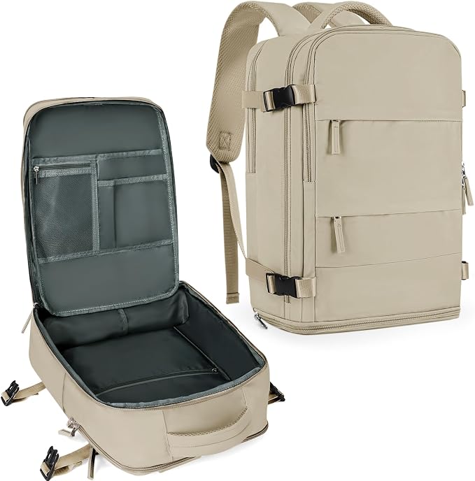 coowoz Large Travel Backpack For Women Men,Carry On Backpack Flight Approved,Hiking Backpack Waterproof Outdoor Rucksack Casual Daypack Fit 15.6 Inch Laptop Shoes Compartment (Khaki-L) by coowoz
