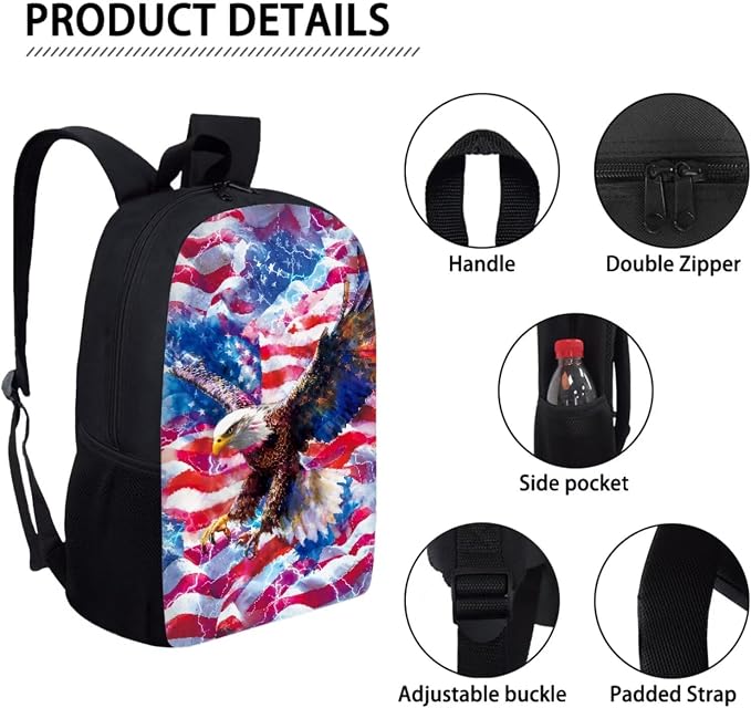 Lightning Eagle American Flag Print Backpack Set for Boys and Girls, Large Lightweight July 4th Students Schoolbag Set, Knapsack Set with Portable Lunch Box Pencil Case - Image 4
