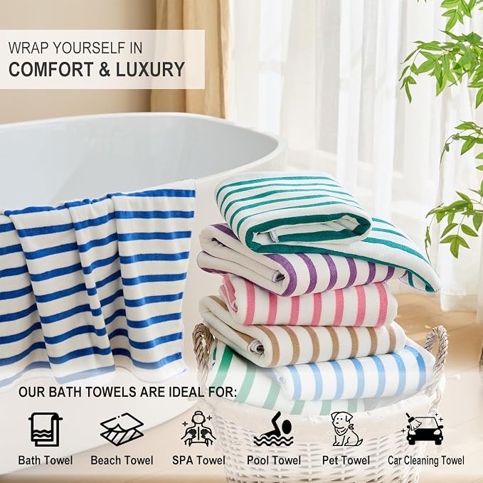JML Microfiber Beach Towels, 4 Pack, 30" x 60", Cabana Stripe, Soft, Absorbent, Quick Dry Large Bath Towel Set for Adult, Travel, Summer Pool Party, Sport, Swimming, Yoga, Camping, StripeBlue - Image 5