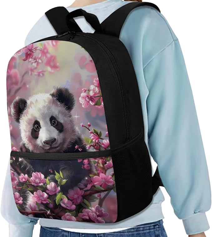Cherry Blossom Panda Backpack for Girls Kids Backpack with Lunch Box Water Bottle Carrier and Aesthetic Pencil Case 4PCS Set Bookbag with Front Pocket for School 17 inch Large School Bag - Image 2