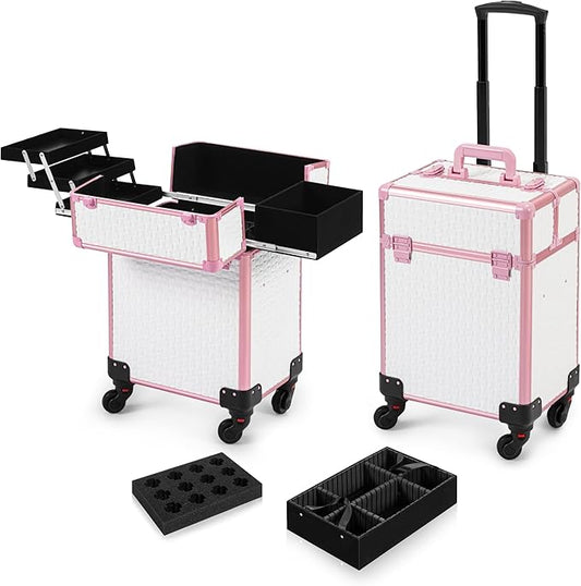 Arous Rolling Train Makeup Case Cosmetology Case on Wheels, White | Cosmetic Travel Trolley 4 Tray with Sliding Rail Removable Middle Layer with Key Salon Barber Case Traveling Cart Trunk by Unknown