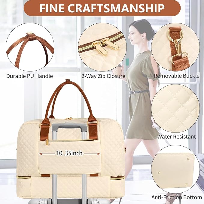 Wogarl 3PCS Weekender Bags for Women Large Overnight Bag Weekend Travel Duffel Bag Carry on Shoulder with Shoe Compartment Canvas Toiletry Bag for Travel Business Gym,Beige - Image 2