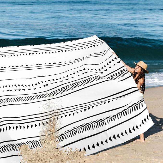 ADecor Beach Blanket Waterproof Sandproof, Large Picnic Blankets with Stakes & Travel Bag, Lightweight, Quick-Dry, Compact Beach Mat for Outdoors, Camping, Beach, Trips - Monochrome Tribal - Image 3
