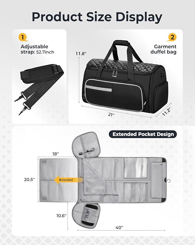 Ytonet Convertible Garment Bags for Travel, 50L Carry on Garment Duffle Bag for Men Women with Usb Port, 3 in 1 Suit Travel Bag Hanging Clothes for Business with Shoe Pocket, Waterproof Pocket, Black