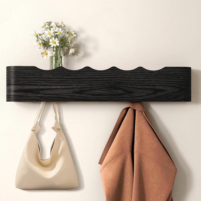 Wall Mounted Coat Rack with Shelf, Wooden Entryway Organizer with Hidden Metal Hooks for Hanging Coats Bags Keys, Modern Floating Shelf for Hallway Bathroom by VERASCOT