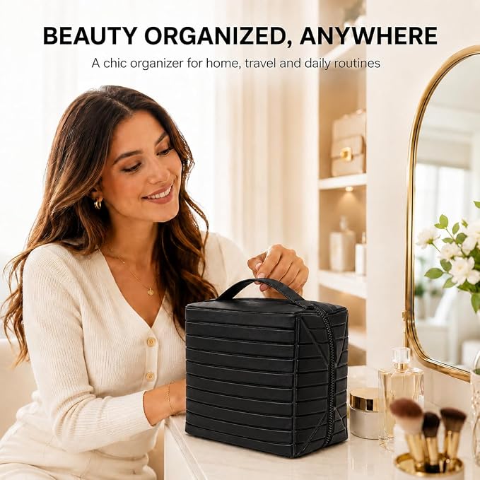 Fold Down Large Capacity Makeup Bag for Women, Foldable Travel Makeup Organizer with Compartments, Lay Flat Waterproof Cosmetic Toiletry Bag for Brushes and Skincare (Black) - Image 5
