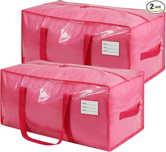 VTSVTS 2 Pack Extra Heavy Duty Large Moving Bags with Comfortable Handle & Strong Zipper,Storage Totes for Space Saving Moving Storage College Supplies Alternative to Moving Box,Pink by VTSVTS