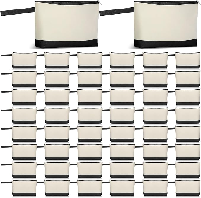 Silkfly 48 Pcs Cotton Canvas Makeup Bags Cosmetic Zipper Bags 10.2 x 5.5 x 2'' Blank DIY Pouch Bulk Pencil Case with Bottom Travel Toiletry Pouch for Women Craft Decor Gift (Beige and Black) by Silkfly