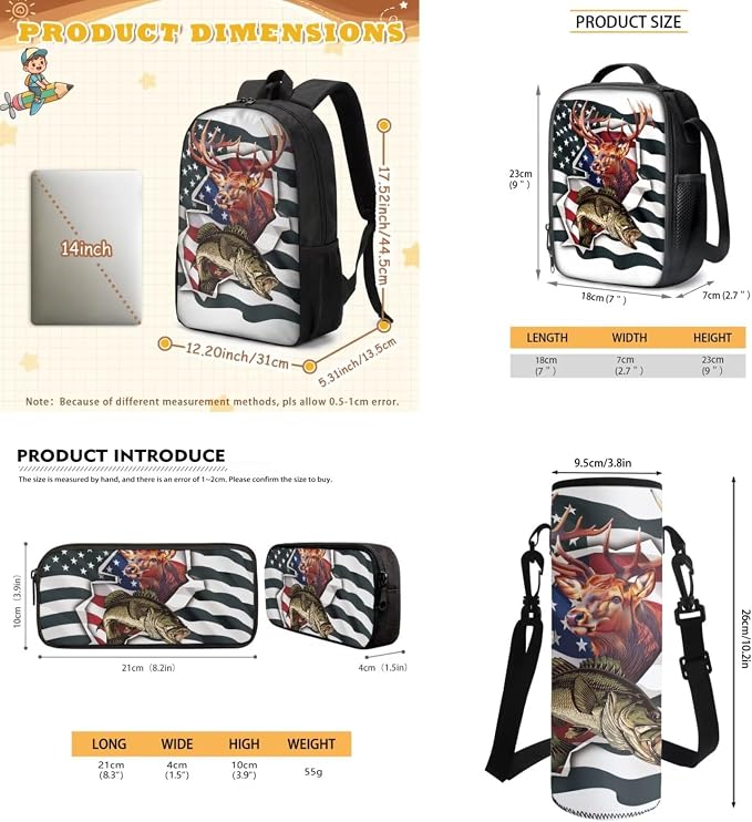 GIFTPUZZ 4-in-1 Camo Fish American Flag Kids Backpack Set | Patriotic School Bookbag with Lunch Box for Elementary Boys, Zippered Pencil Case, Water Bottle Holder, Ages 6-8 - Image 6