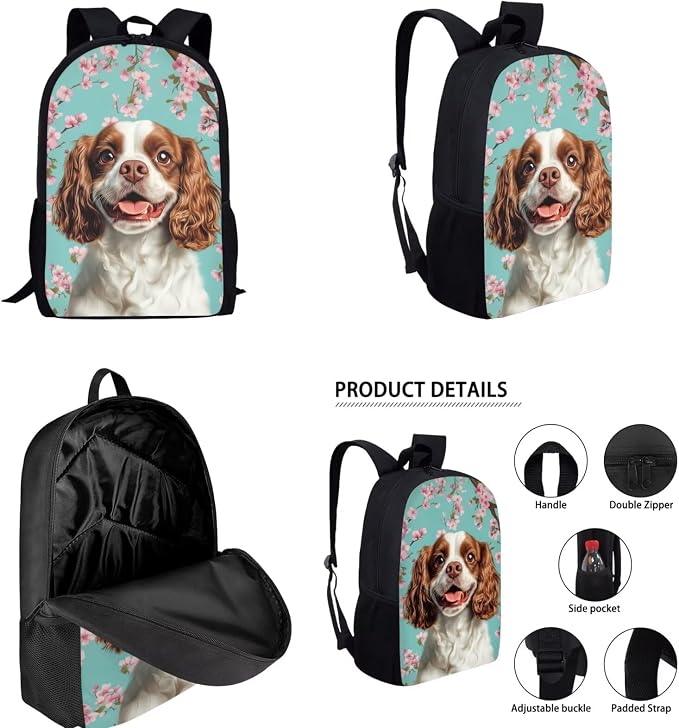 Cavalier King Charles Spaniel Dog Backpack with Lunch Box Kids Girls 6-7/7-8 Cherry Blossom Primary School Bookbags for 1st Grade Kids Book Bags Lunchbox Pencil Case Water Bottle Carrier Set - Image 2