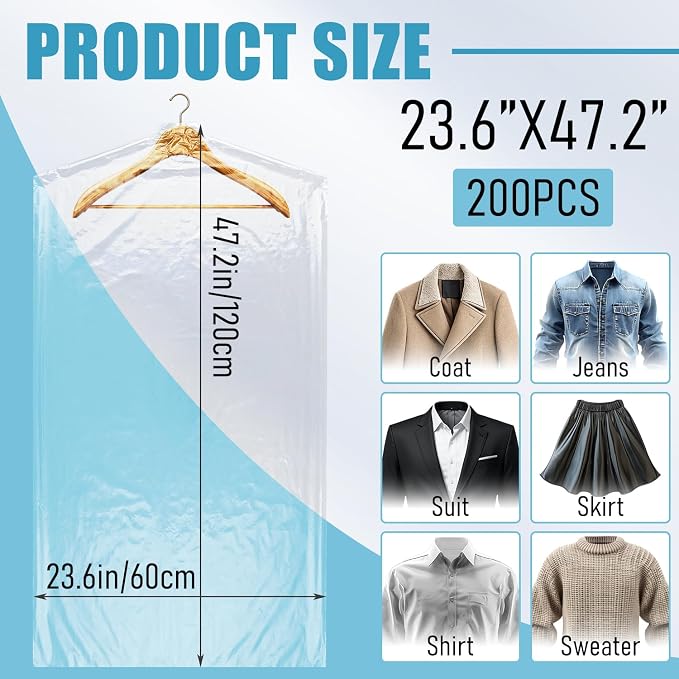200 Pack Dry Cleaning Garment Bags, 23.6 x 47.2 Inch Plastic Dry Cleaners Bags for Hanging Clothes Dust Protection Clear Clothes Covers for Travel Moving, Home Storage (Hanger Not Included) - Image 2