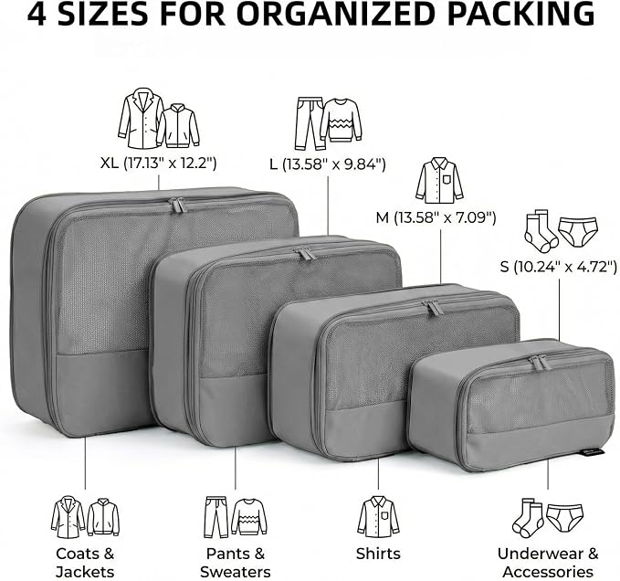 4 Piece Compression Packing Cubes for 3–7 Day Travel, Space Saving Travel Organizers with Breathable Mesh, Double-Zipper Packing Cubes for Carry-On & Suitcases (Silver) - Image 3
