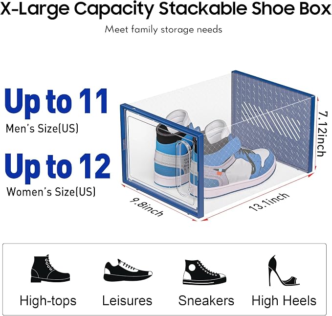 eWonLife Large Shoe Organizer Storage Box with Magnetic Door,12 Pack Clear Plastic Stackable Sneaker Containers for Closet, Connect Left and Right Shoe Box for Entryway, Drop Front, Under Bed (Blue) - Image 3