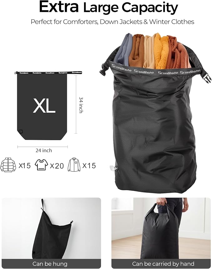 Travel Laundry Bag, Pump-Free Vacuum Compression Dirty Clothes Bag, Extra Large Reusable Waterproof & Washable Laundry Bag, Ideal for Suitcases, Road Trip Essentials, Black, 1 Pack (XL) - Image 2