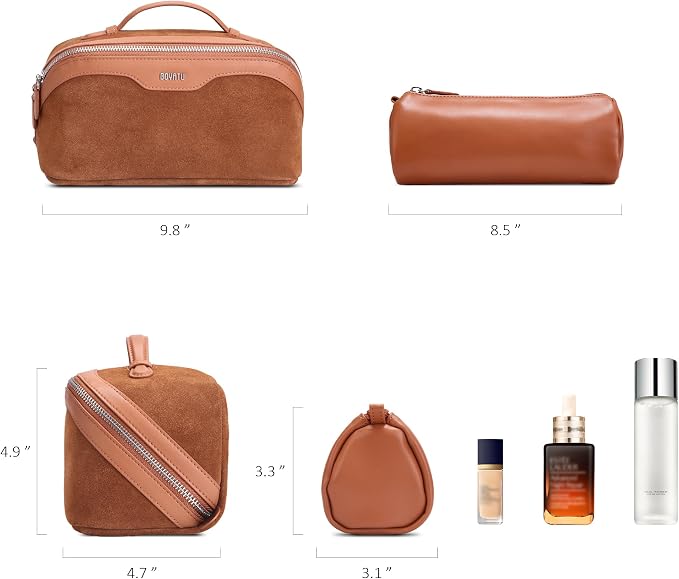 BOYATU Genuine Leather Travel Makeup Bag: Large Capacity 3 Pcs Set Cosmetic Bags for Women - Designer Waterproof Hand-made for Toiletry Organizer - Travel Essentials for Elegance (06Suede-Brown) - Image 5