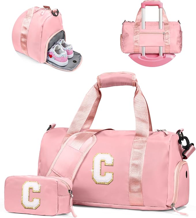 Gifts for 3 4 5 6 7 8 9 Year Old Girls-Girl Gym Bag with Shoe Compartment, Kid Weekender Overnight Bags, Initial Travel Tote with Makeup Pouch, 10 Year Old Girl Birthday Gifts Teen (Letter C) by Vogewood