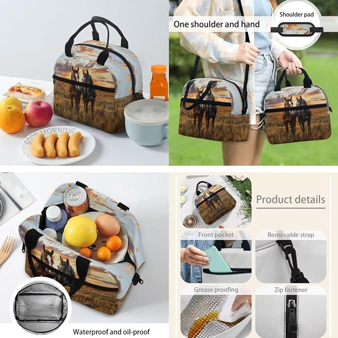 Horse Print Kids Backpack Set with Leakproof Lunch Box Cooler Pencil Bag Water Bottle Sleeve Set for Girls Boys, 4 Pcs Schoolbag for Kindergarten Primary Middle Daybag - Image 4