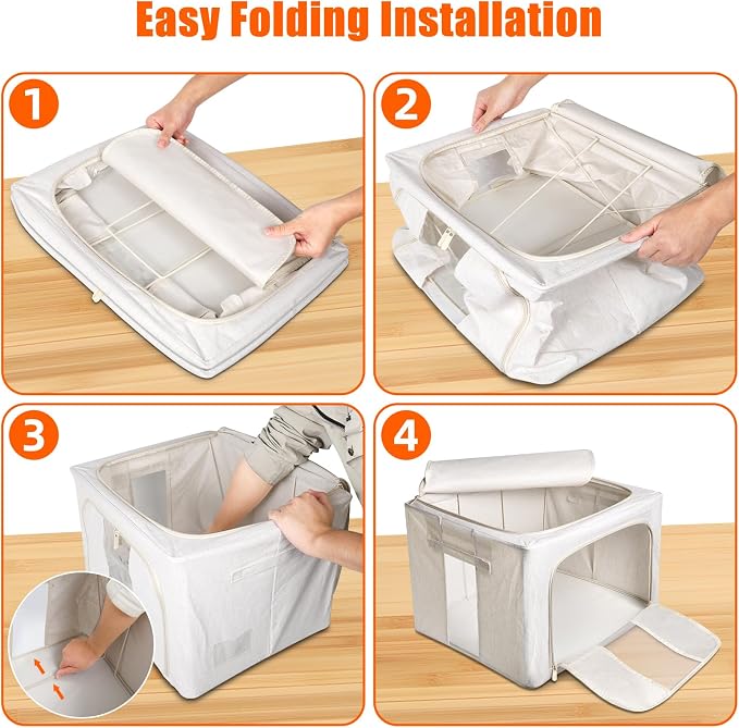 Foldable Clothes Storage Bins with Solid core powder-coated steel fram, 24/ 66L Storage Bags Fabric Box Organizer with Clear Window Zippers Sturdy Handles 2 Pack (Beige, 66L 1Pack) - Image 4