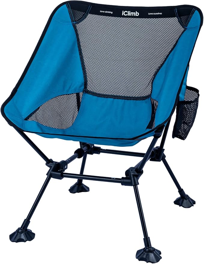 iClimb Ultralight Compact Camping Folding Beach Chair with Anti-Sinking Large Feet and Back Support Webbing (Blue - Square Frame) by iClimb