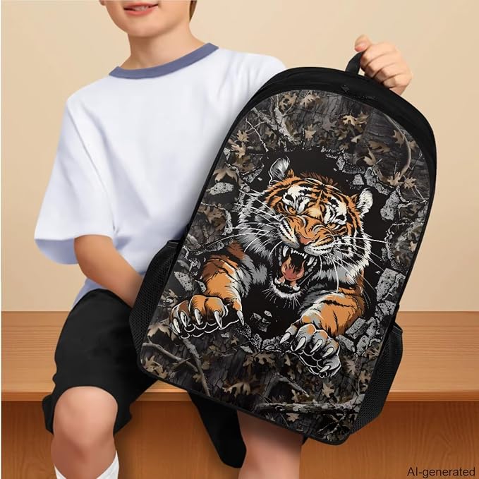 Tiger Camo Backpack for Boys Kids Backpack with Lunch Box Water Bottle Carrier with Strap and Pencil Case Pouch 4PCS Set Bookbag with Compartments for School 17 inch Large Capacity School Bag - Image 3