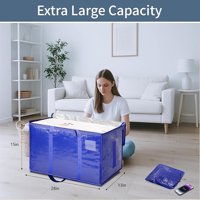 4 Pack-Extra Large Heavy Duty Moving Bags - Waterproof Storage Totes with Handles & Zippers, Foldable for College Dorm, Storage (Blue) - Image 2