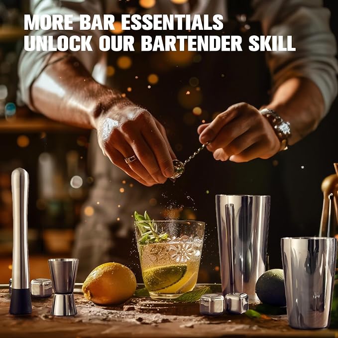 KINGROW Cocktail Shaker Set Bartender Kit, Stainless Steel Boston Bar Tools Drink Mixer Set with Stand & Recipe Booklet for Home Cocktail Making | Silver - Image 3