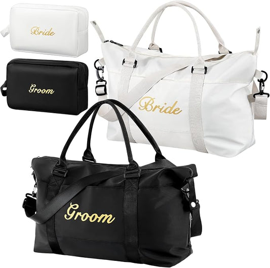 Sanwuta 4 Pcs Bride Groom Duffel Bag Set 2 Honeymoon Travel Bags with 2 Toiletry Pouches Weekender Gym Tote for Couple Wedding Engagement Valentines His Hers Gifts Bridal Shower Gifts by Sanwuta