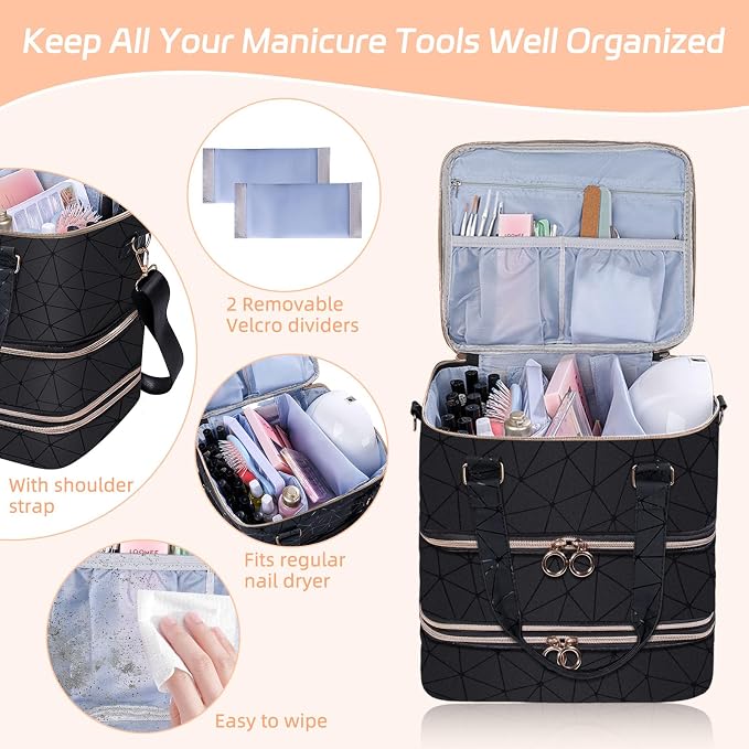 Nail Polish Organizer Case,3 Layer Nail Polish Organizer Bag Holds 84 Bottles (15ml/0.5 fl.oz) Nail Supplies Organizer,Nail Bag PU Leather Nail Carrying Nail Kit Supplies Organizer Case (Black) - Image 2