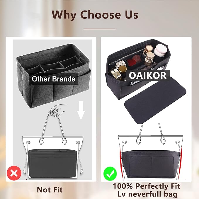 Purse Organizer Insert, Tote Bag Organizer Insert with Base Shaper,Felt Zipper Handbag Inner Dividers Compatible with Neverfull MM Speedy 30 and More,Black/L - Image 4
