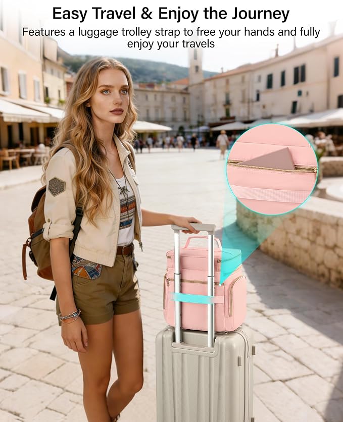 Hanke Large Toiletry Bag for Women Travel, Double Layer Organizer with Wide Opening for Full-Size Cosmetics & Toiletries, 12.2L Water-Resistant Makeup Bag,Pink - Image 6