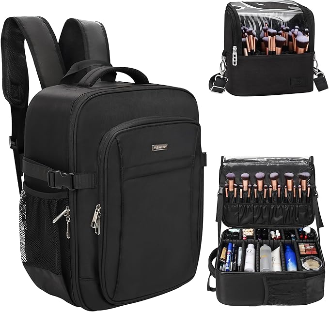 Relavel Professional Makeup Case Makeup Backpack and Makeup Brush Case for Makeup Artists, Cosmetic Storage Organizer Makeup Brush Holder, with Shoulder Strap and Adjustable Dividers Black by Relavel