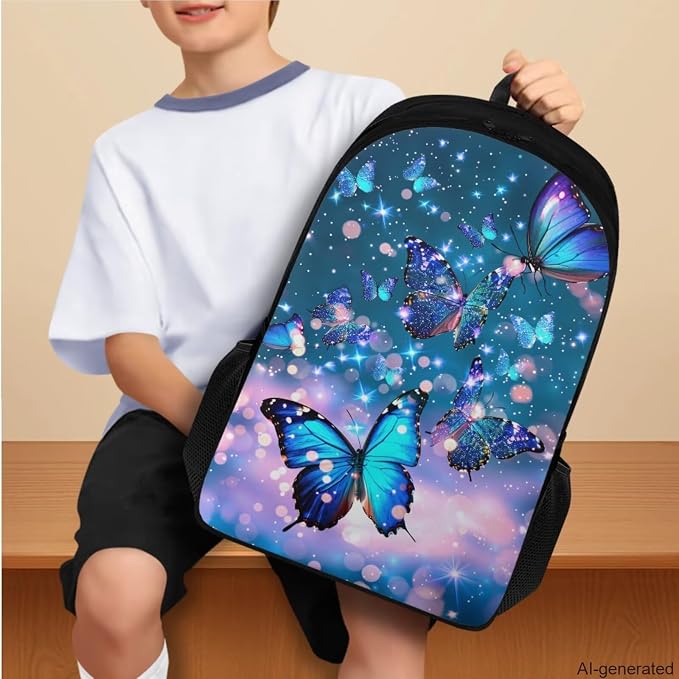 Butterfly Backpack for Girls Kids Backpack with Lunch Box Water Bottle Carrier with Strap and Aesthetic Pencil Case 4PCS Set Bookbag with Compartments for School Teens 17 inch Large School Bag - Image 3