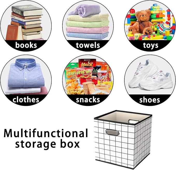 Fabric Cloth Storage Bins,Fabric Cube Organizer with Dual Handles Foldable Cube Storage Baskets for Home Bedroom Storage,Set of 6,(White grid) - Image 3