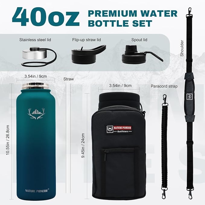 NATURE PIONEOR 40 oz Insulated Water Bottle with Carrier Bag & 3 Lids | 18/8 Food-grade Stainless Steel, Double Vacuum Insulation, 3 Leak-proof Lids, Strap, Camping, Hiking, Gym, Work - Image 6
