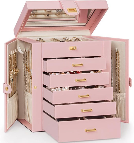 AKOZLIN 6-Tier Jewelry Box Organizer Functional 5 Drawers Leather Jewelry Storage Case for Women Girls Ring Necklace Earring Bracelet Holder Organizer with Mirror Medium Pink by AKOZLIN