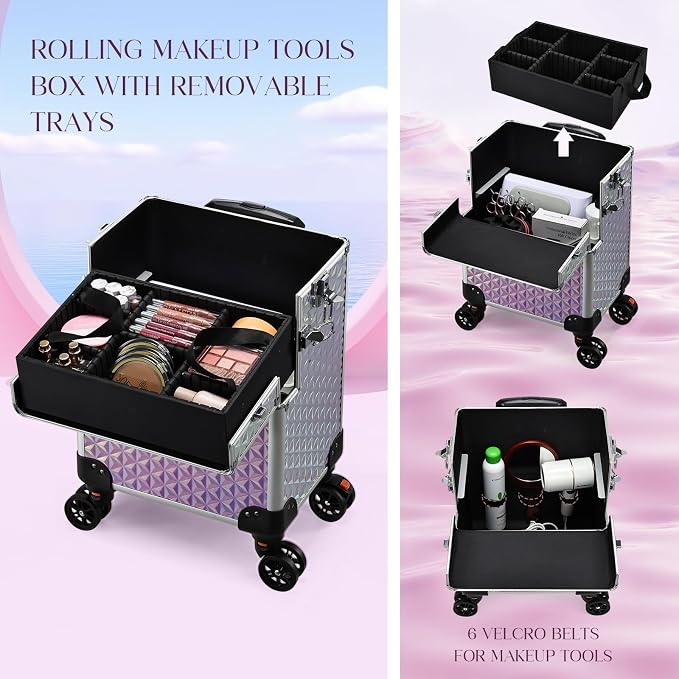Yueieoun 5 in 1 Rolling Makeup Case, Cosmetology Case on Wheels Travel Make up Train Case Nail Cart Makeup Organizer Cosmetic Storage Box Cases Extra Large Trolley Truck with 360° Swivel Wheels, Pink - Image 4