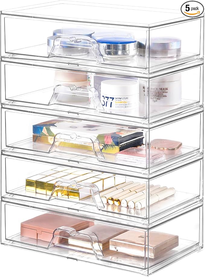 5 Pack Makeup Organizer Stackable, 12.1''L Bathroom Organizer and Storage Acrylic Undersink Drawer Organizer, Cosmetics and Beauty Supplies,Clear Plastic Storage Bins for Vanity,Pantry,Cabinet,Kitchen by Stebopum